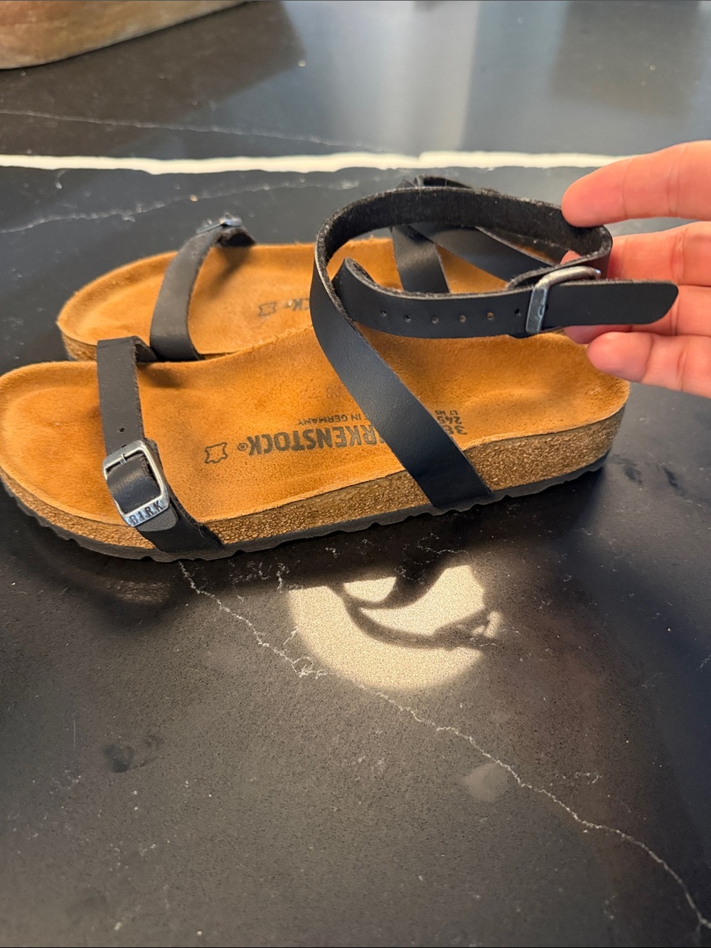 Birkenstock Black Leather Strappy Cork Sandals